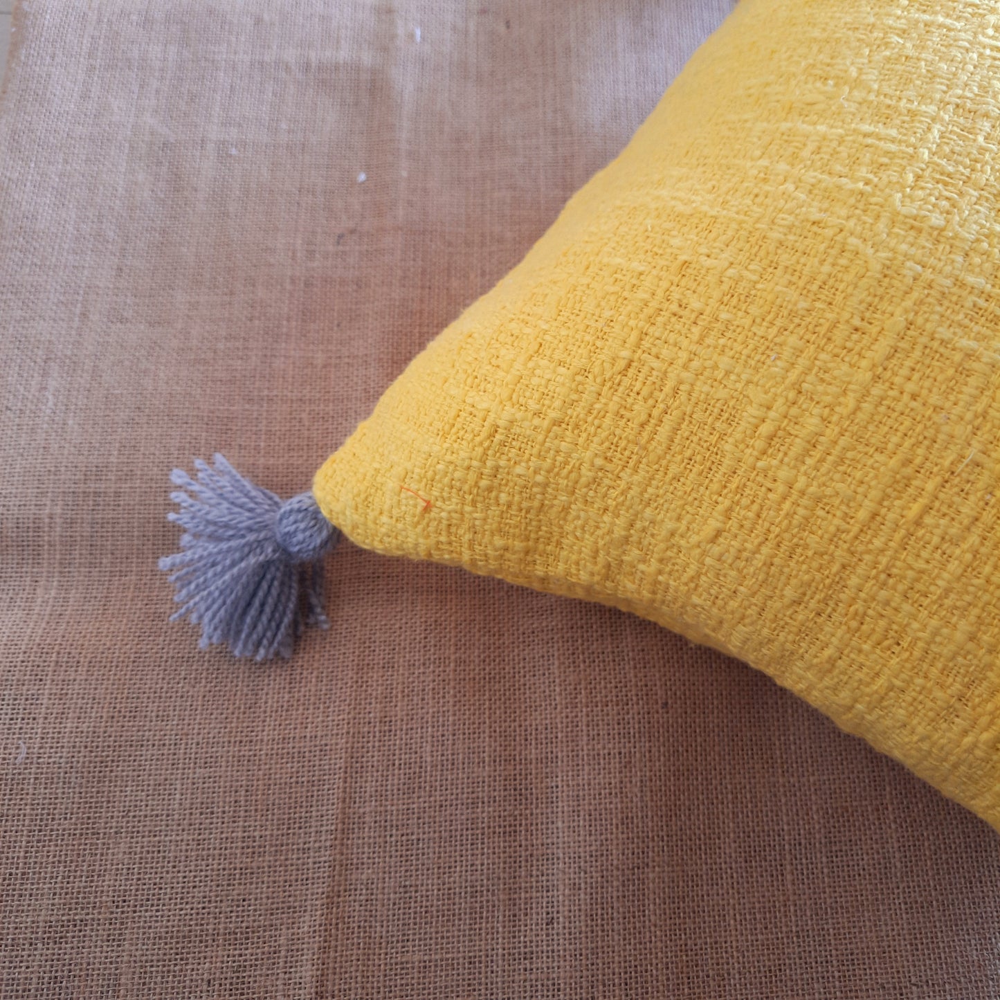 Bright Yellow Slub Cotton Cushion Cover with Grey Tassels | Handcrafted | Boho Chic