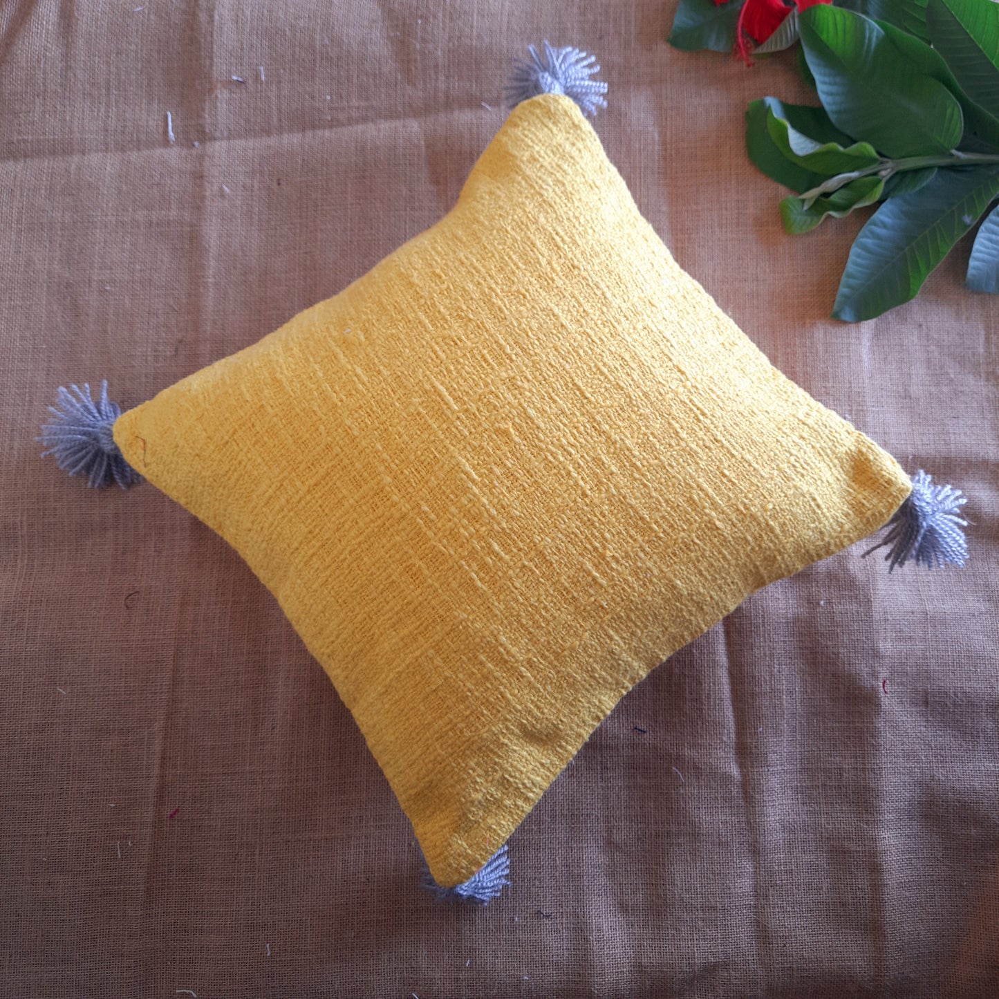 Bright Yellow Slub Cotton Cushion Cover with Grey Tassels | Handcrafted | Boho Chic