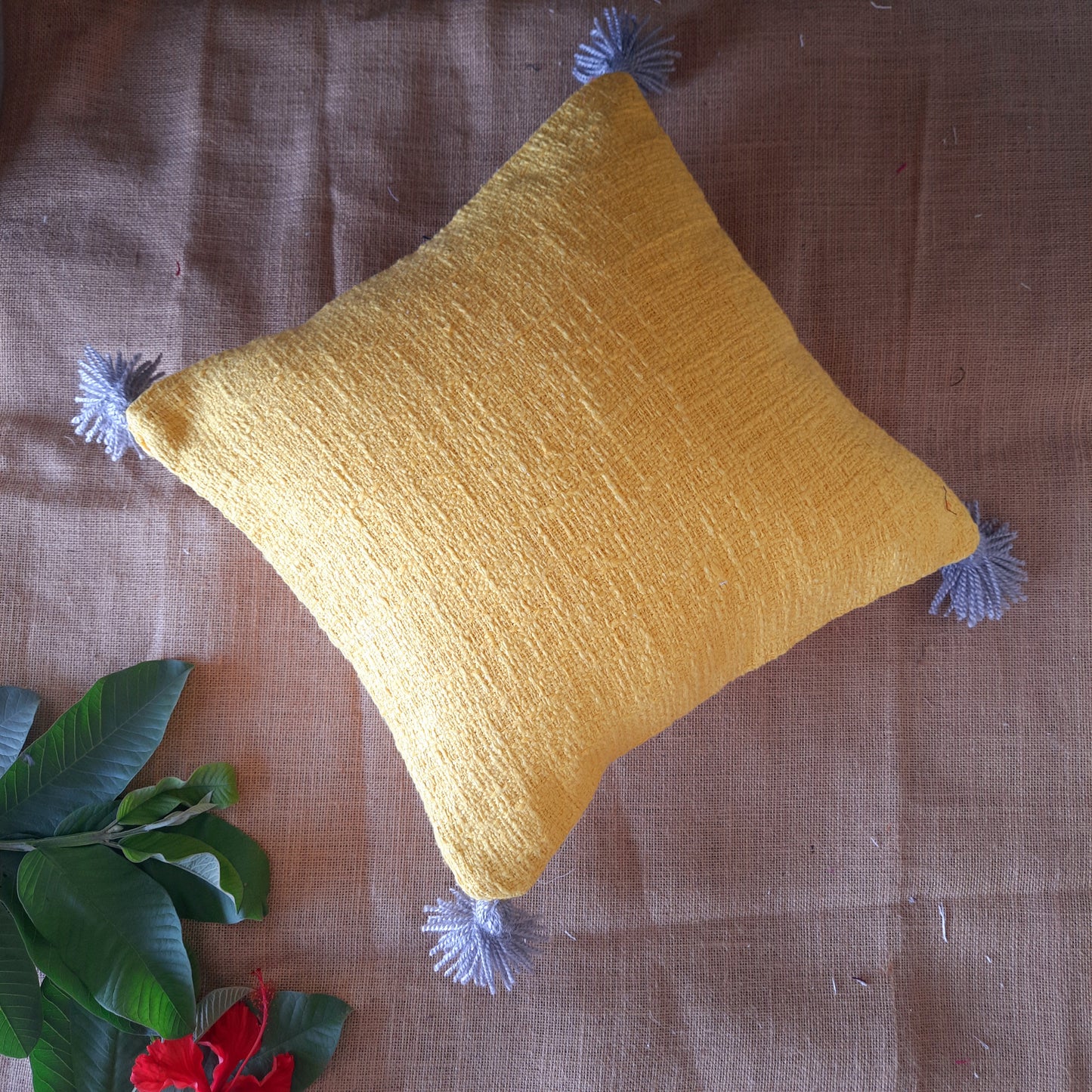 Bright Yellow Slub Cotton Cushion Cover with Grey Tassels | Handcrafted | Boho Chic