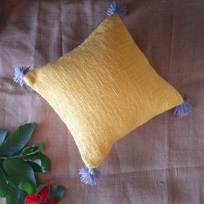 Bright Yellow Slub Cotton Cushion Cover with Grey Tassels | Handcrafted | Boho Chic