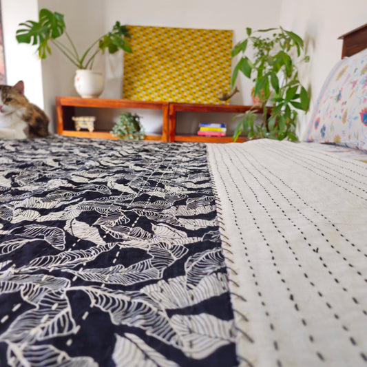 Black and White Leaf Print Reversible Kantha Cotton Bedcover – Handcrafted Elegance