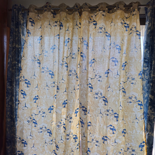Beige & Blue Abstract Cotton Curtain – Lightweight, Flowy & Elegant