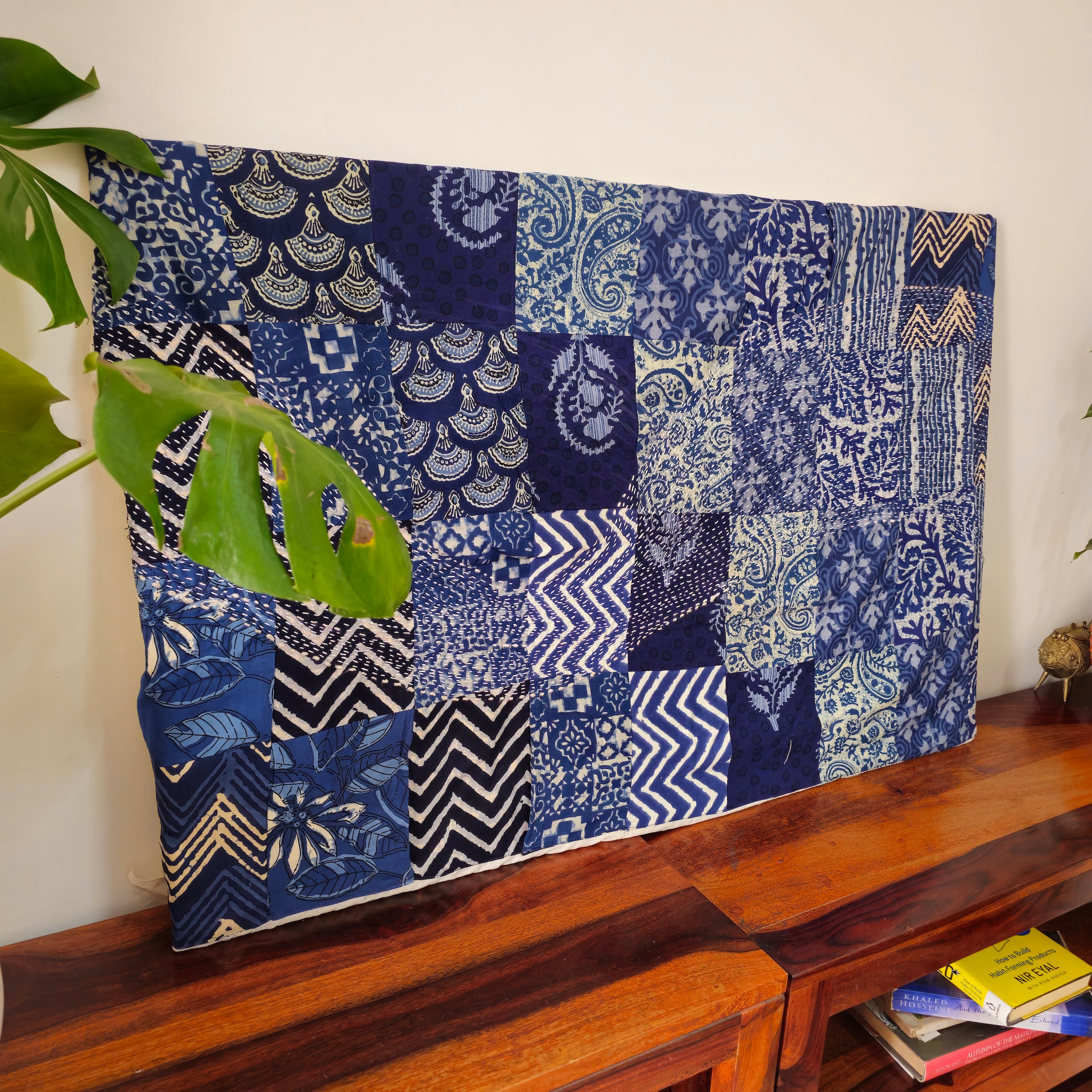 Indigo Patchwork Kantha Wall Frame – Boho Art with Traditional Wave Motif