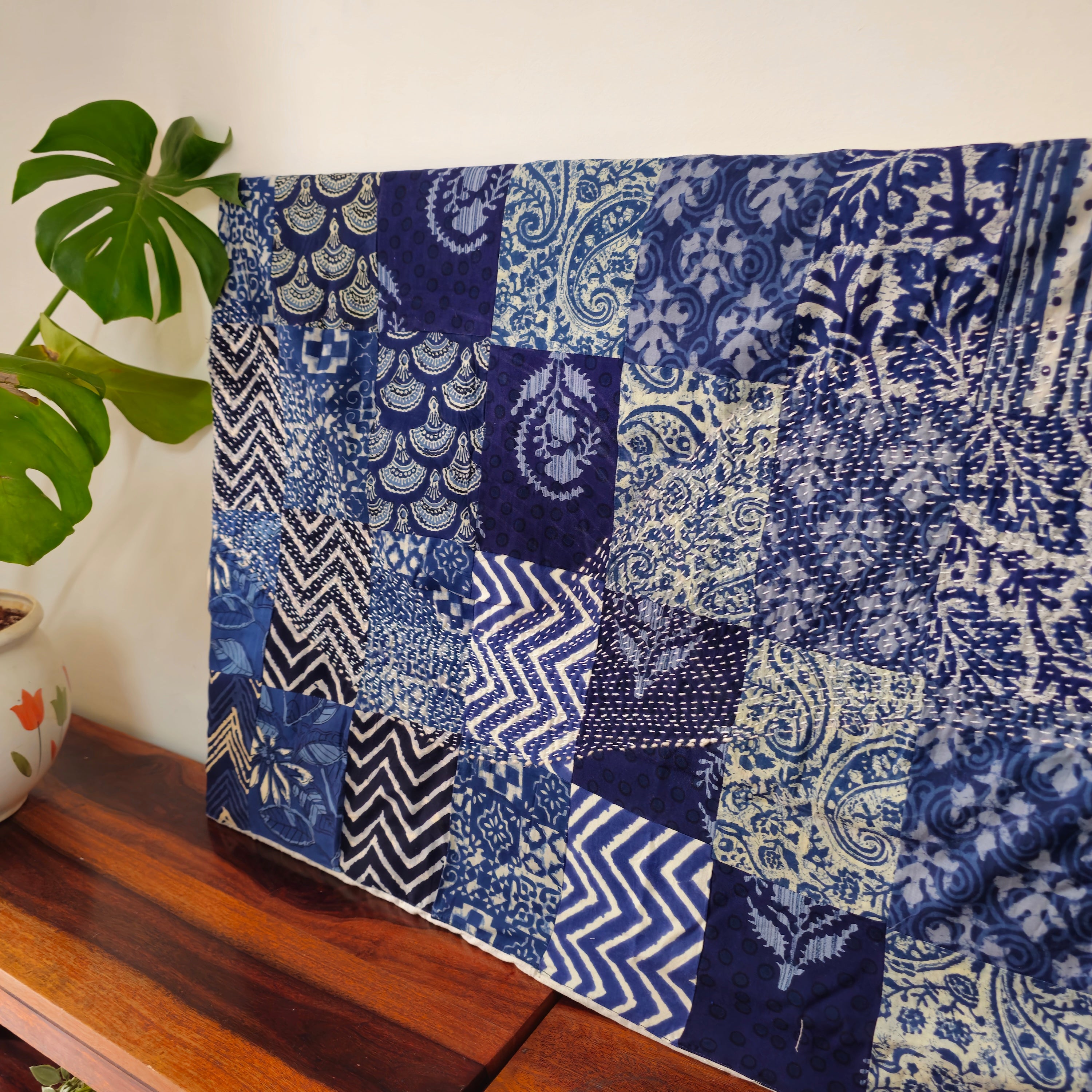 Indigo Patchwork Kantha Wall Frame – Boho Art with Traditional Wave Motif