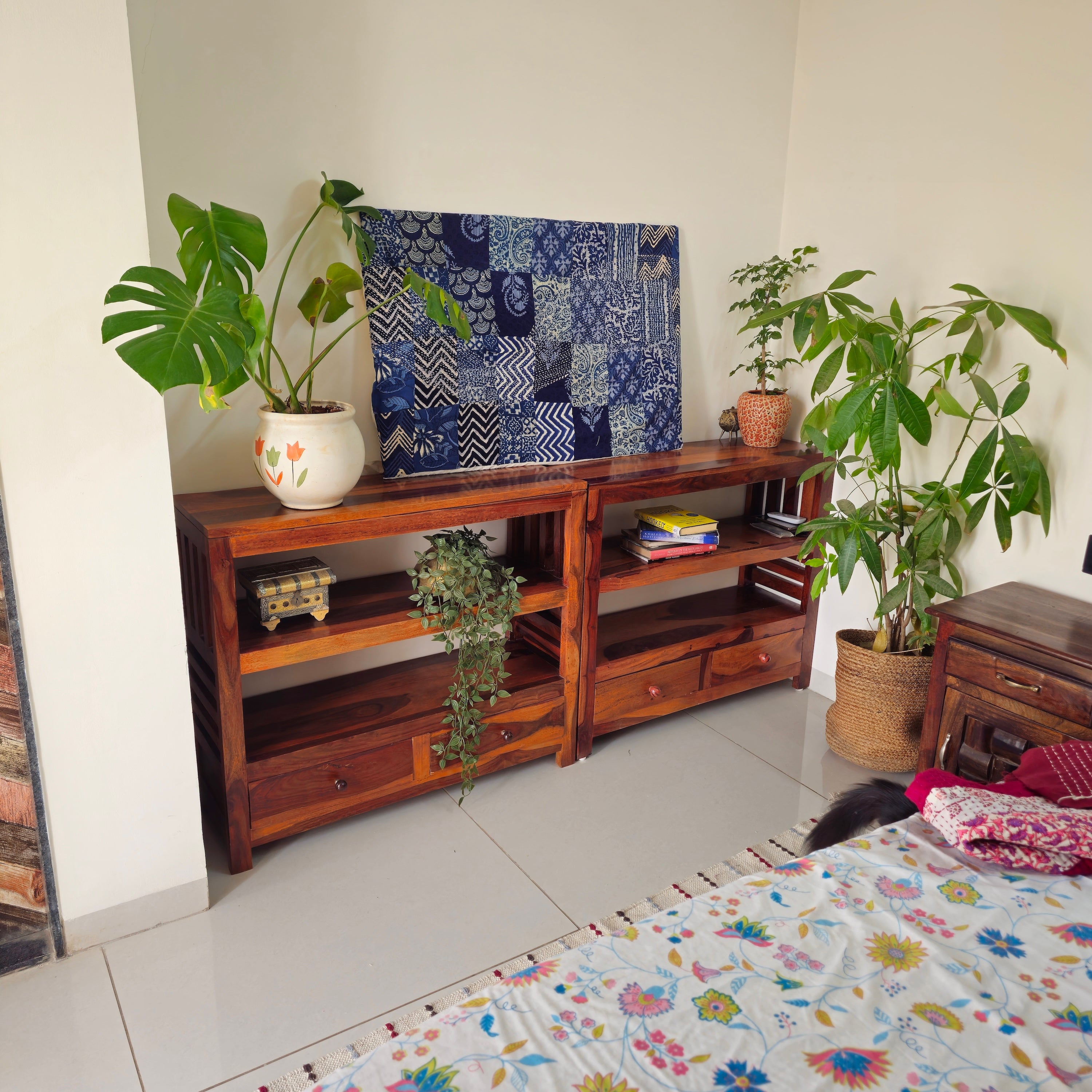 Indigo Patchwork Kantha Wall Frame – Boho Art with Traditional Wave Motif