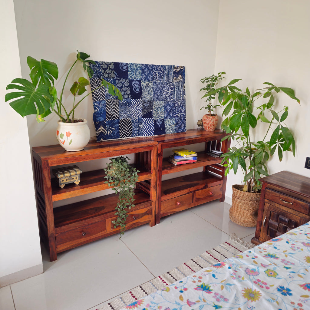 Indigo Patchwork Kantha Wall Frame – Boho Art with Traditional Wave Motif
