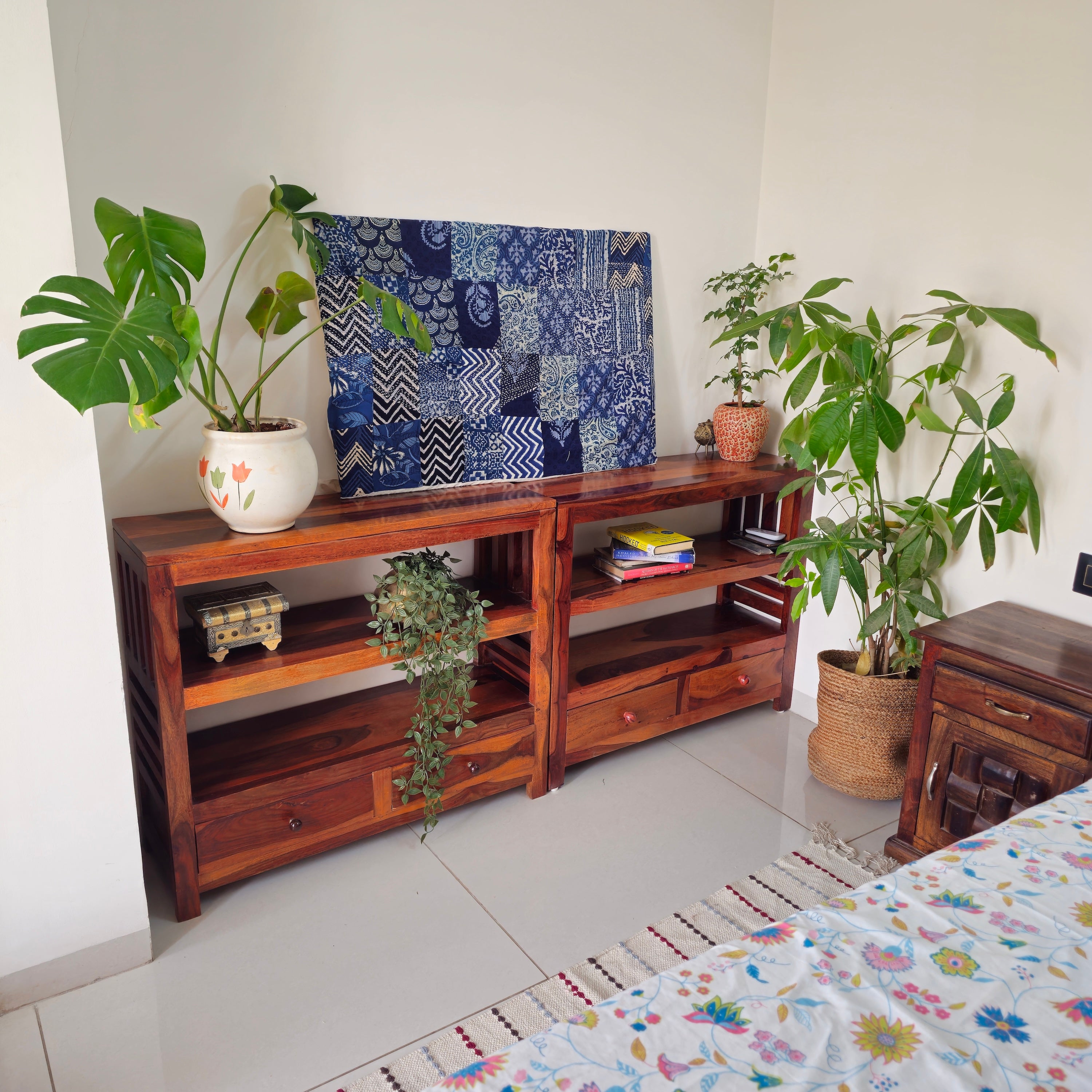 Indigo Patchwork Kantha Wall Frame – Boho Art with Traditional Wave Motif