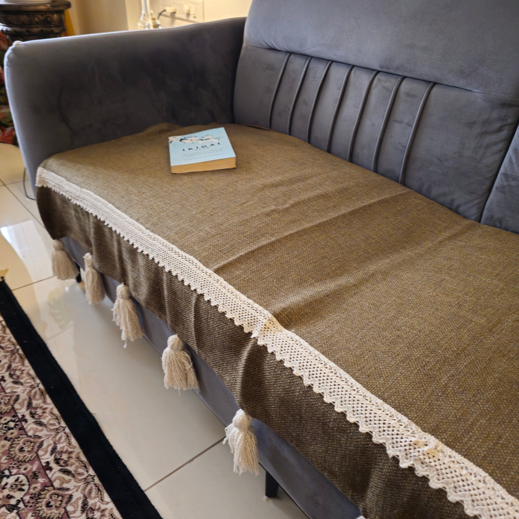 Olive Green Cotton Sofa Cover – Off-White Lace & Tassels | Boho & Elegant