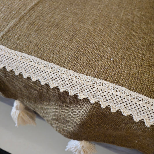 Olive Green Cotton Sofa Cover – Off-White Lace & Tassels | Boho & Elegant