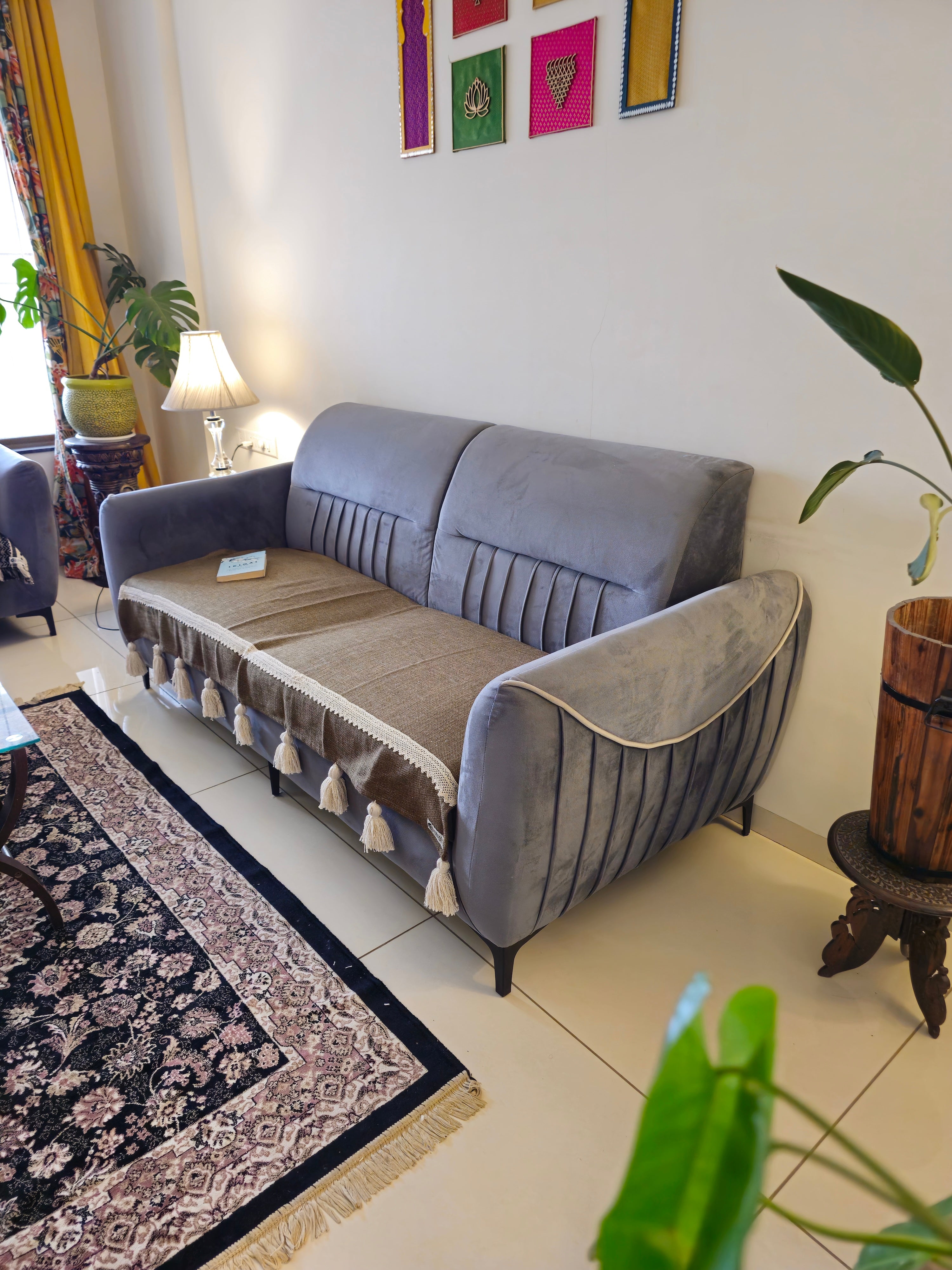 Olive Green Cotton Sofa Cover – Off-White Lace & Tassels | Boho & Elegant