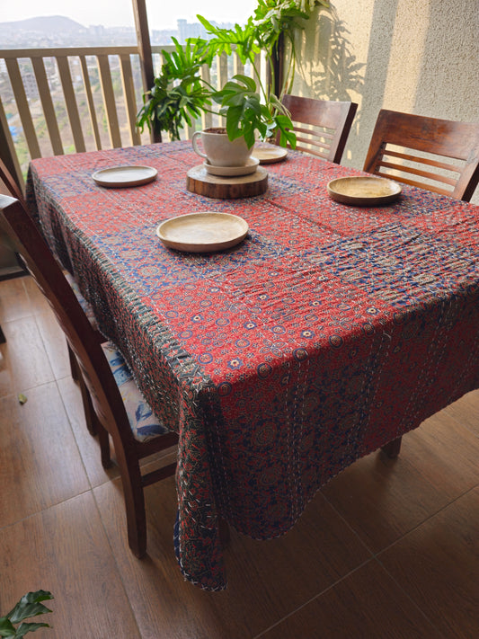 Ajrakh Patchwork Dining Table Cover – Handcrafted Kantha Work Cotton Decor | Varsaca