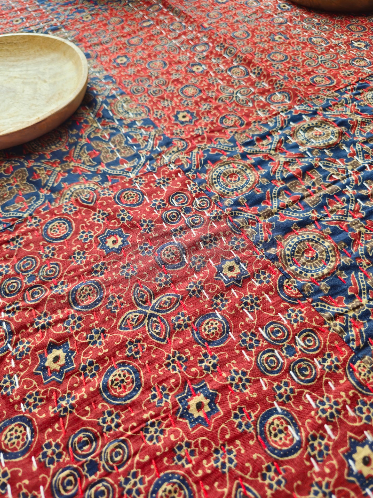 Ajrakh Patchwork Dining Table Cover – Handcrafted Kantha Work Cotton Decor | Varsaca