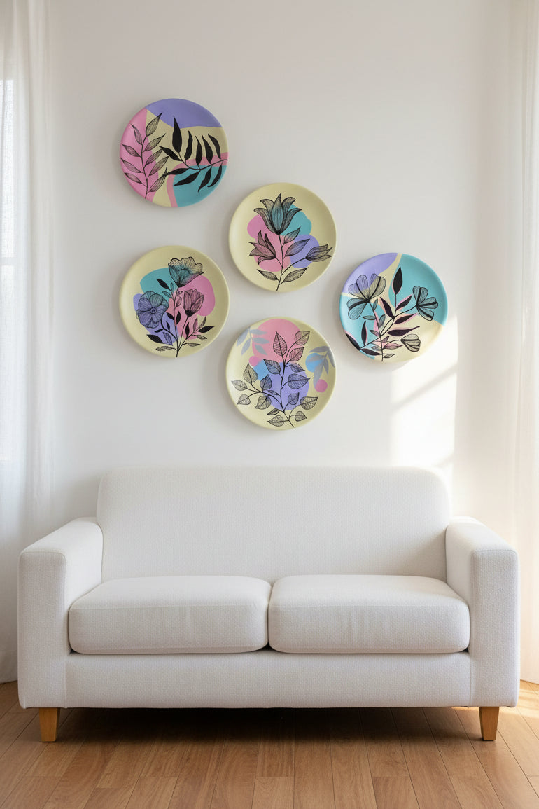 Pastel Meadow Terracotta Wallplate | Minimalist Fine-Line Botanical Art