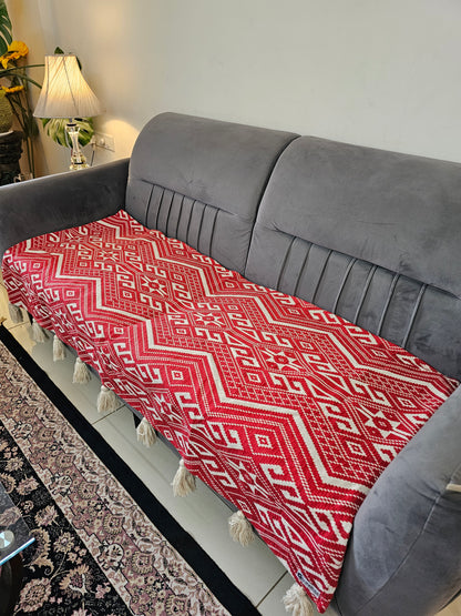Handloom Cotton Sofa Cover | Thick Red & Beige Geometric Throw with Tassels