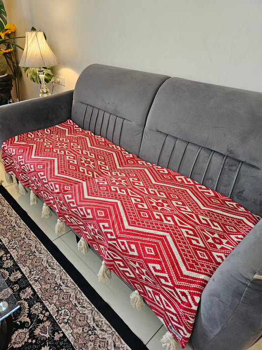 Handloom Cotton Sofa Cover | Thick Red & Beige Geometric Throw with Tassels