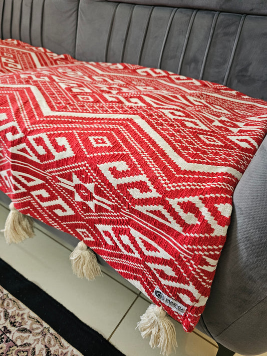Handloom Cotton Sofa Cover | Thick Red & Beige Geometric Throw with Tassels