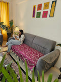 Handloom Cotton Sofa Cover | Thick Pink & Beige Geometric Throw with Tassels