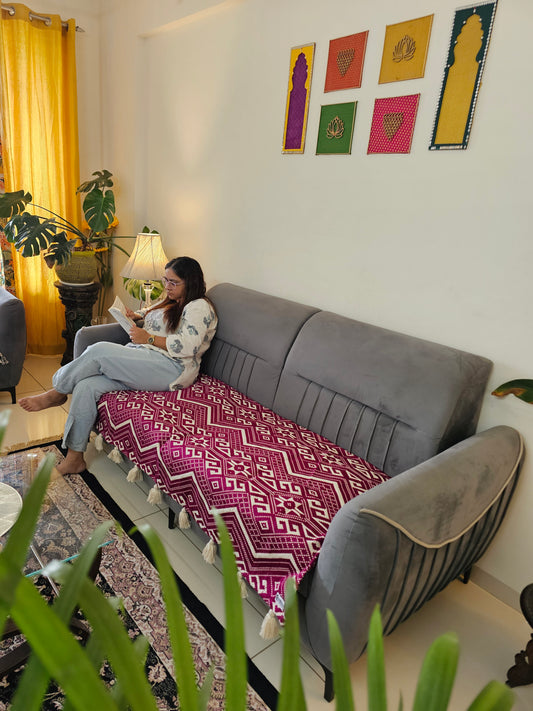 Handloom Cotton Sofa Cover | Thick Pink & Beige Geometric Throw with Tassels