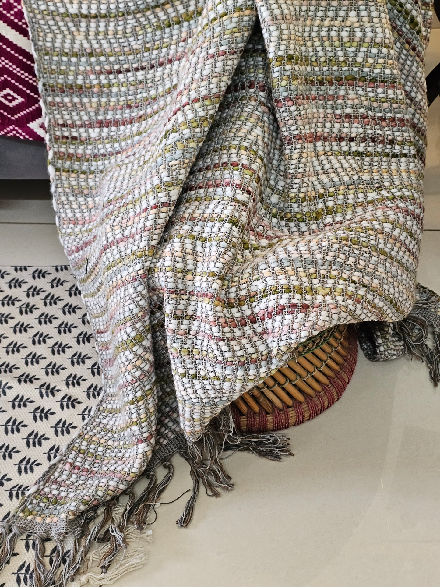 Handloom Woven Sofa Throw Blanket | Multi-Texture Cotton Throw with Fringe