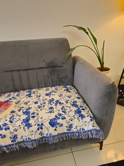 White Throw with Blue Floral Motifs & Self Tassels | Classic Handloom Cotton Sofa Cover