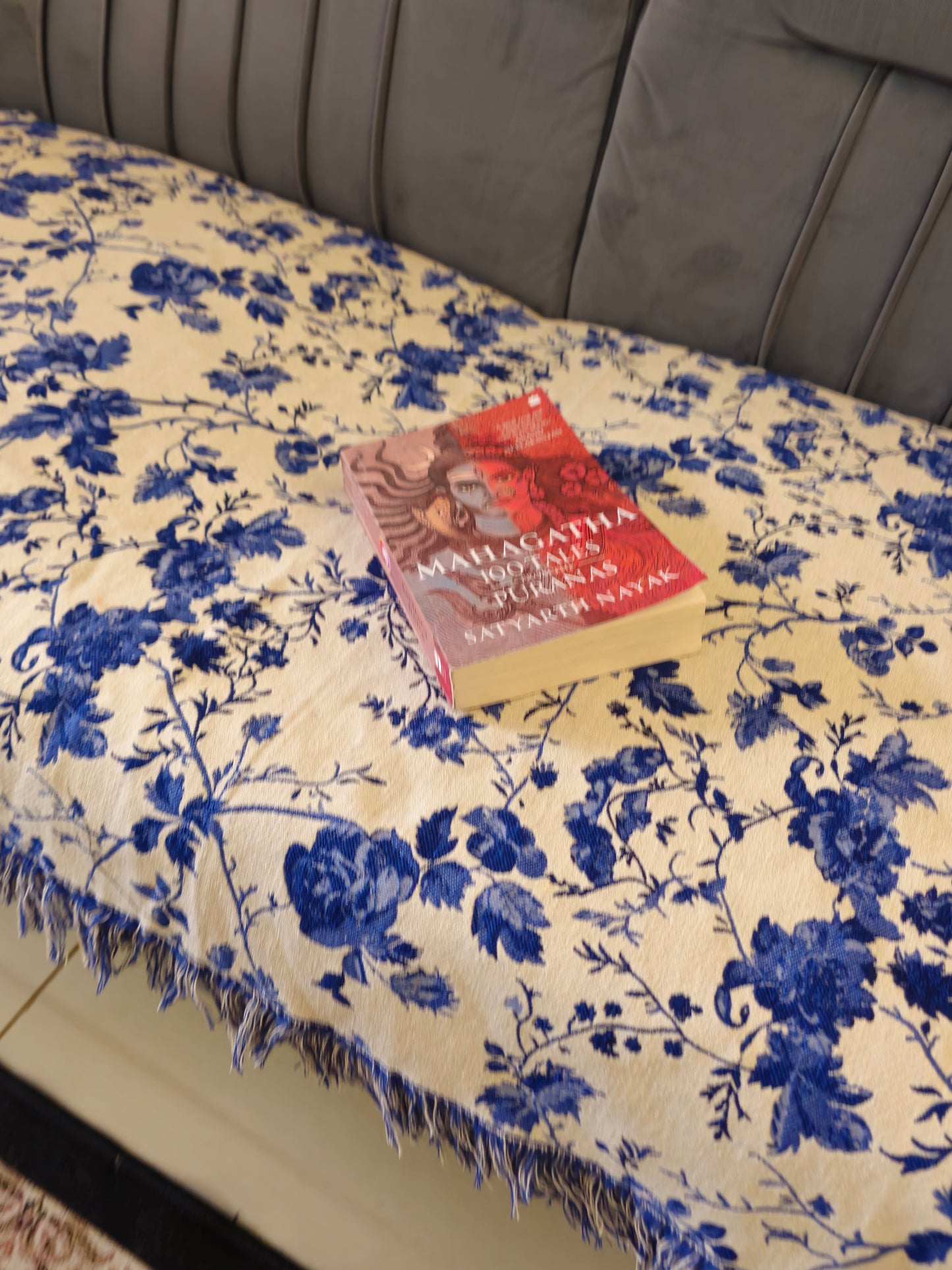 White Throw with Blue Floral Motifs & Self Tassels | Classic Handloom Cotton Sofa Cover