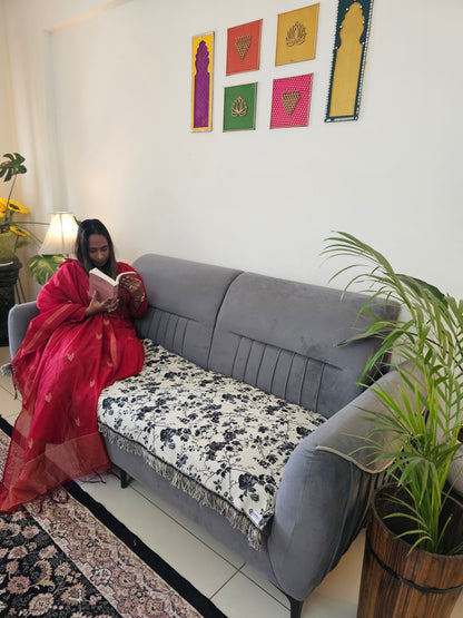 White Throw with Black and Grey Floral Motifs & Self Tassels | Classic Handloom Cotton Sofa Cover