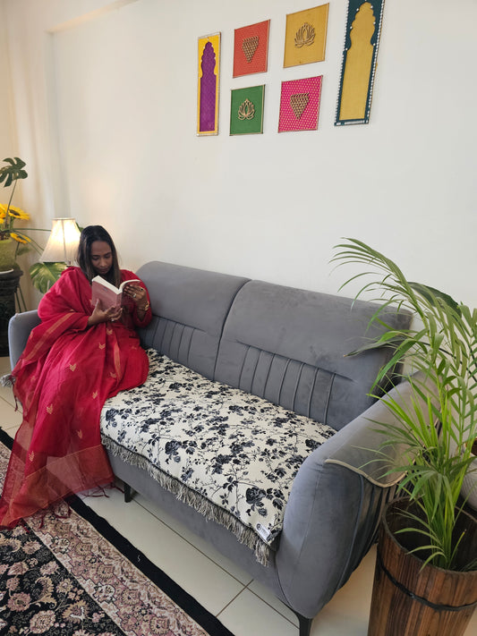 White Throw with Black and Grey Floral Motifs & Self Tassels | Classic Handloom Cotton Sofa Cover