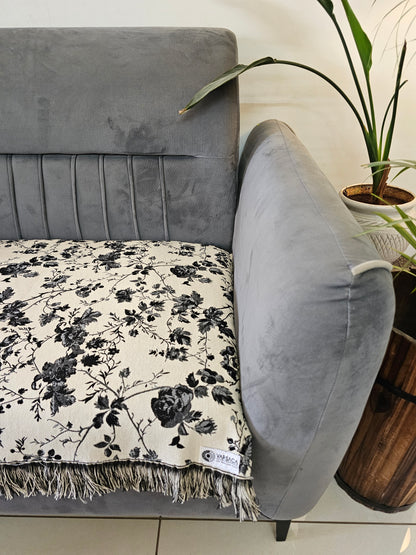 White Throw with Black and Grey Floral Motifs & Self Tassels | Classic Handloom Cotton Sofa Cover