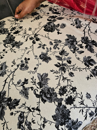 White Throw with Black and Grey Floral Motifs & Self Tassels | Classic Handloom Cotton Sofa Cover