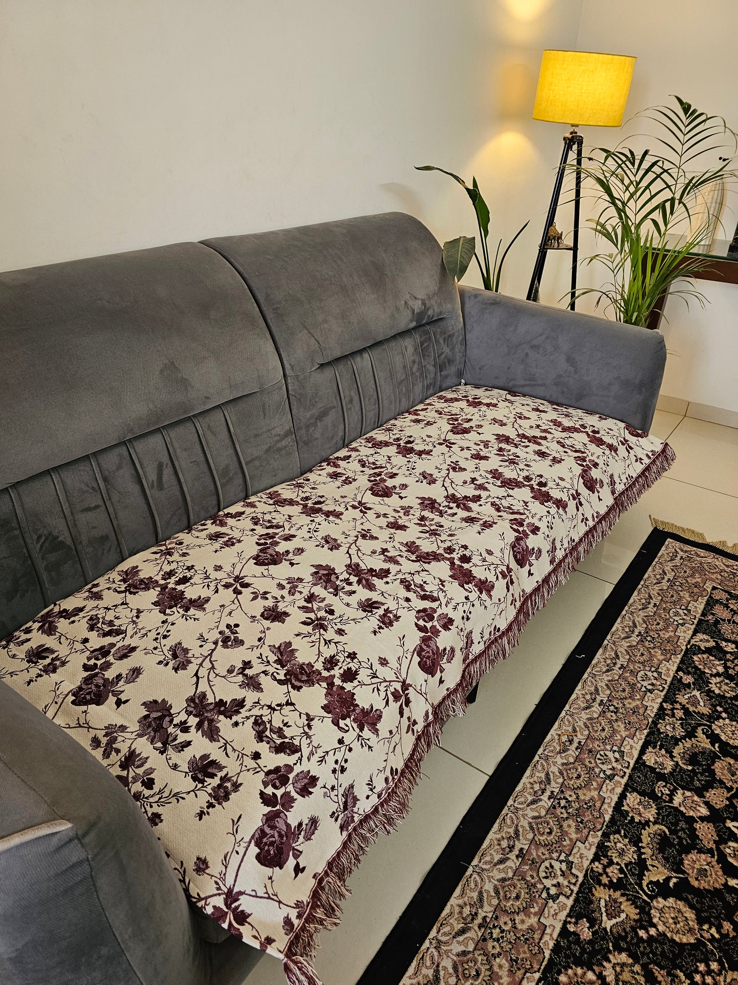 White Throw with Maroon and Brown Floral Motifs & Self Tassels | Classic Handloom Cotton Sofa Cover