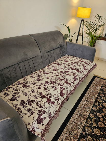 White Throw with Maroon and Brown Floral Motifs & Self Tassels | Classic Handloom Cotton Sofa Cover