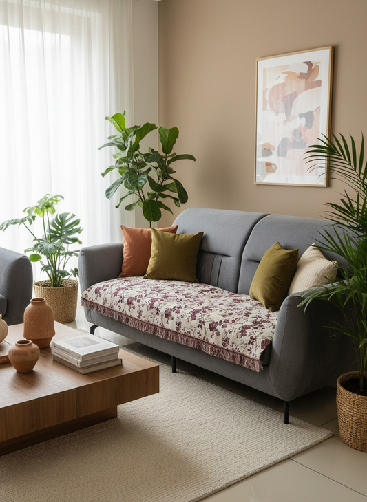 White Throw with Maroon and Brown Floral Motifs & Self Tassels | Classic Handloom Cotton Sofa Cover