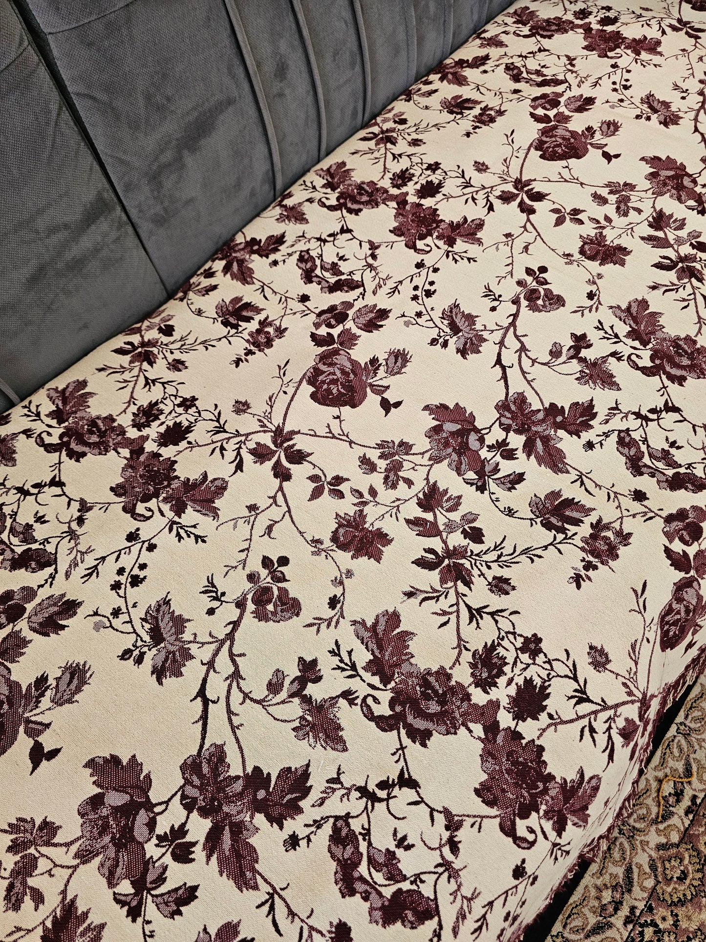 White Throw with Maroon and Brown Floral Motifs & Self Tassels | Classic Handloom Cotton Sofa Cover