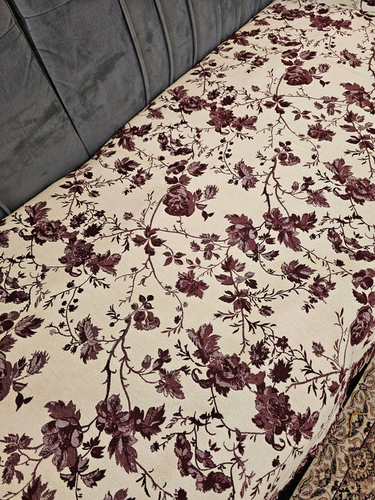 White Throw with Maroon and Brown Floral Motifs & Self Tassels | Classic Handloom Cotton Sofa Cover