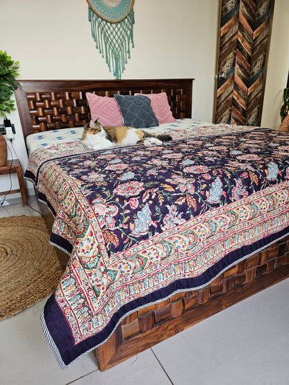 Dual-Design Hand Block Printed Reversible AC Quilt | Purple & Cream Floral Cotton Bedcover