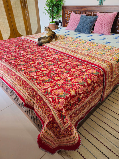 Vibrant Red & Cream Floral Quilted Bedcover| Hand Block Printed Reversible AC Quilt | 100% Cotton