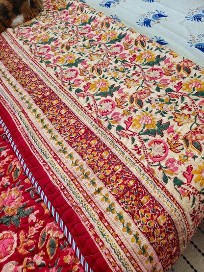 Vibrant Red & Cream Floral Quilted Bedcover| Hand Block Printed Reversible AC Quilt | 100% Cotton