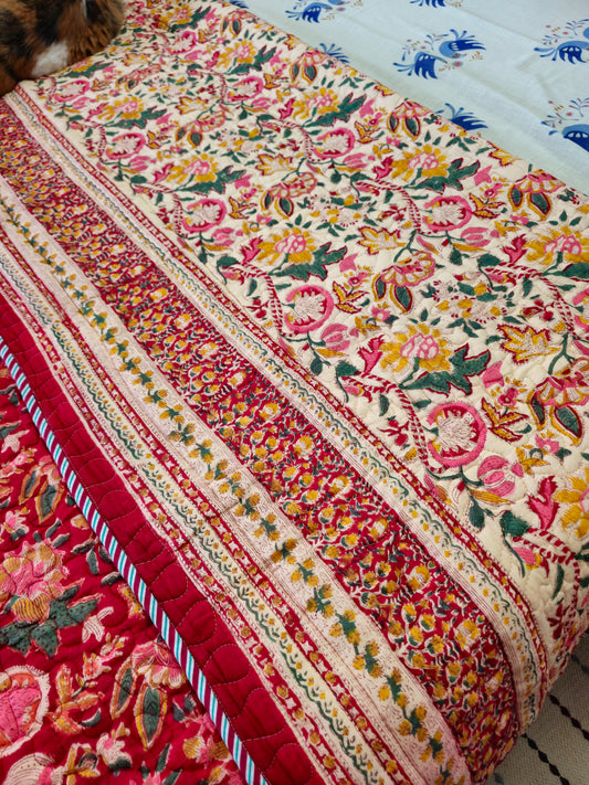 Vibrant Red & Cream Floral Quilted Bedcover| Hand Block Printed Reversible AC Quilt | 100% Cotton