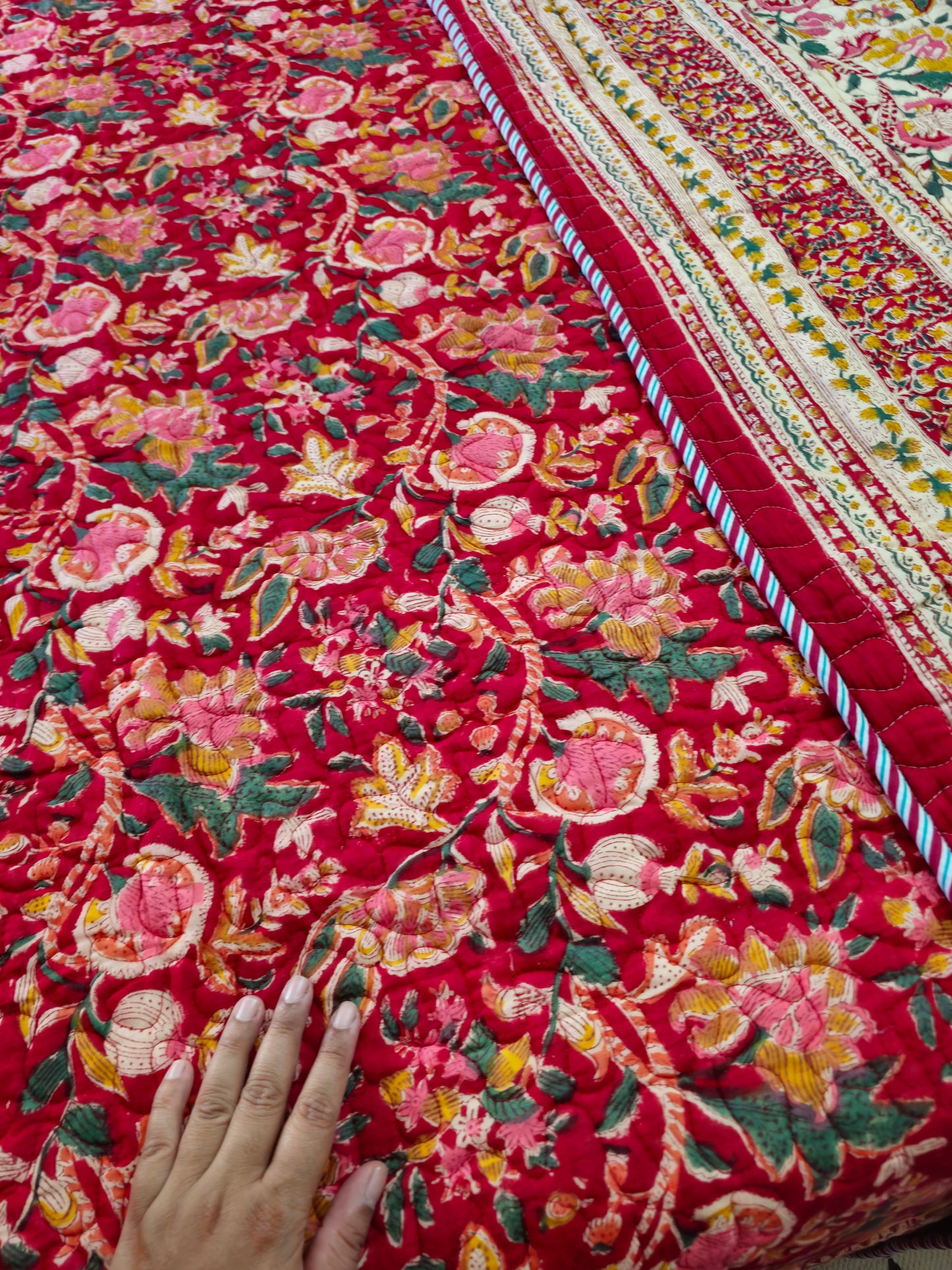 Vibrant Red & Cream Floral Quilted Bedcover| Hand Block Printed Reversible AC Quilt | 100% Cotton