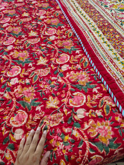 Vibrant Red & Cream Floral Quilted Bedcover| Hand Block Printed Reversible AC Quilt | 100% Cotton