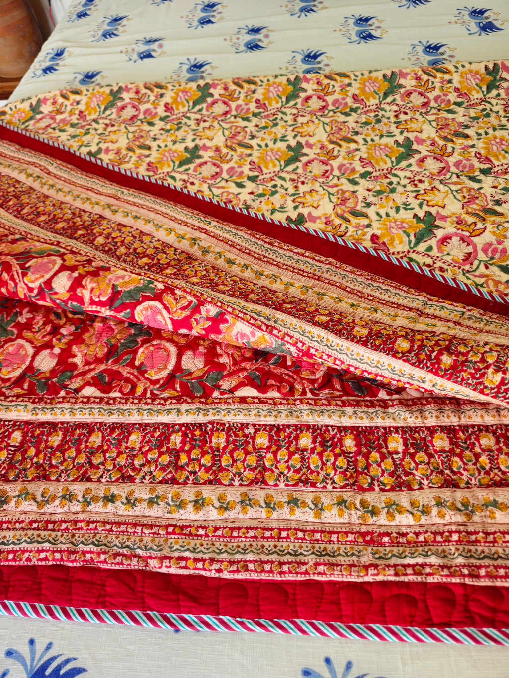 Vibrant Red & Cream Floral Quilted Bedcover| Hand Block Printed Reversible AC Quilt | 100% Cotton