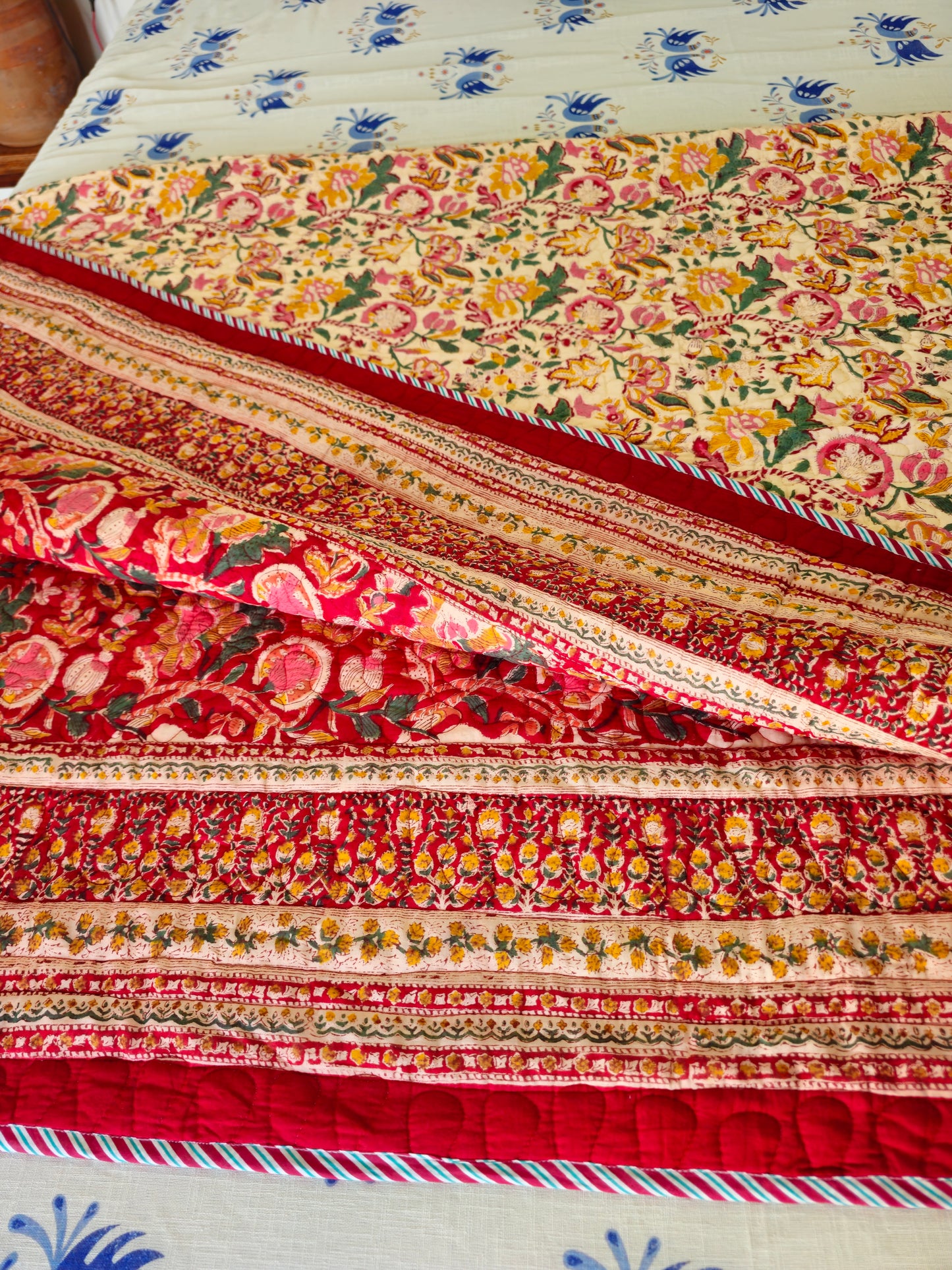 Vibrant Red & Cream Floral Quilted Bedcover| Hand Block Printed Reversible AC Quilt | 100% Cotton