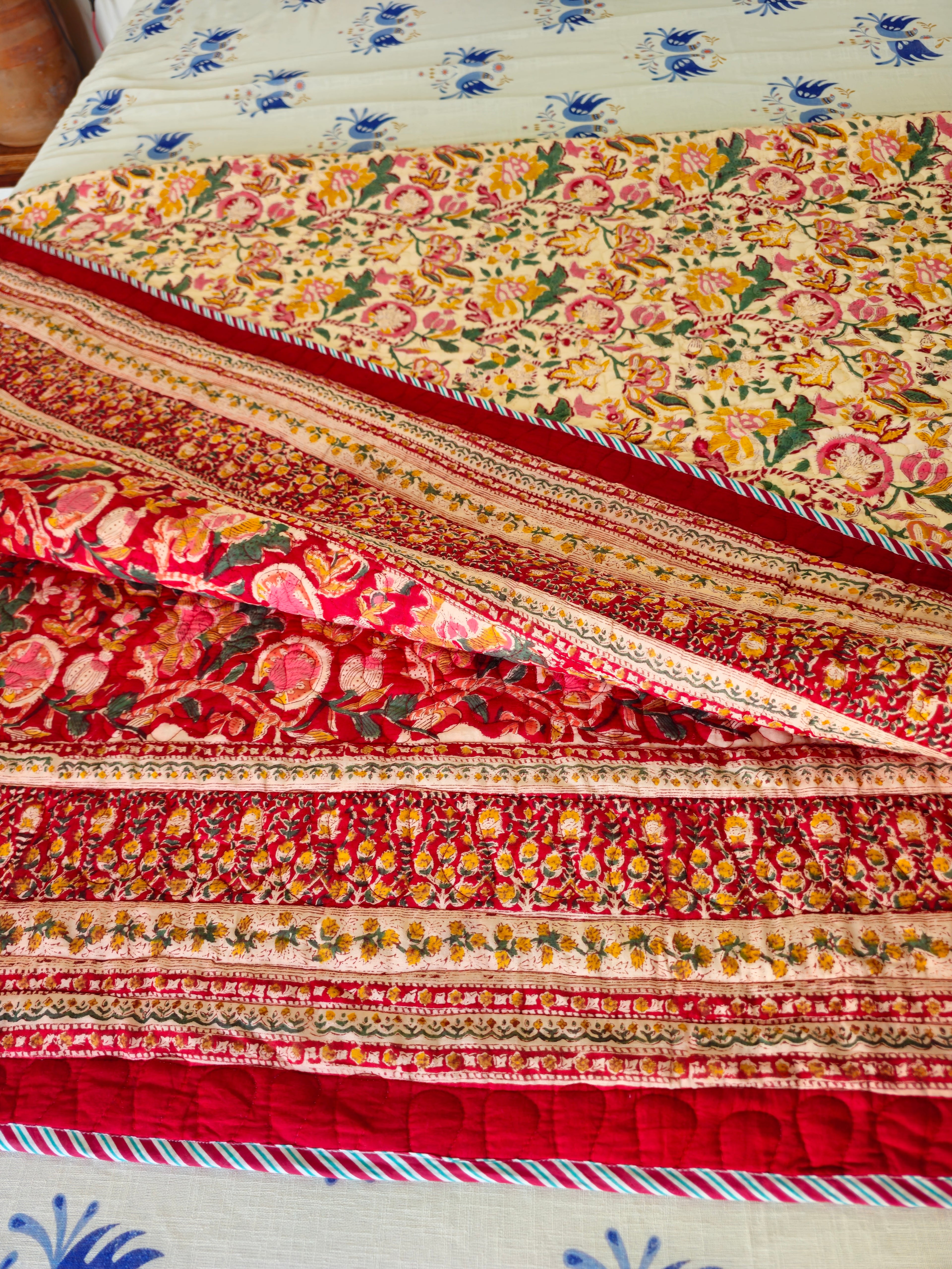 Vibrant Red & Cream Floral Quilted Bedcover| Hand Block Printed Reversible AC Quilt | 100% Cotton