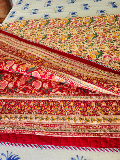 Vibrant Red & Cream Floral Quilted Bedcover| Hand Block Printed Reversible AC Quilt | 100% Cotton