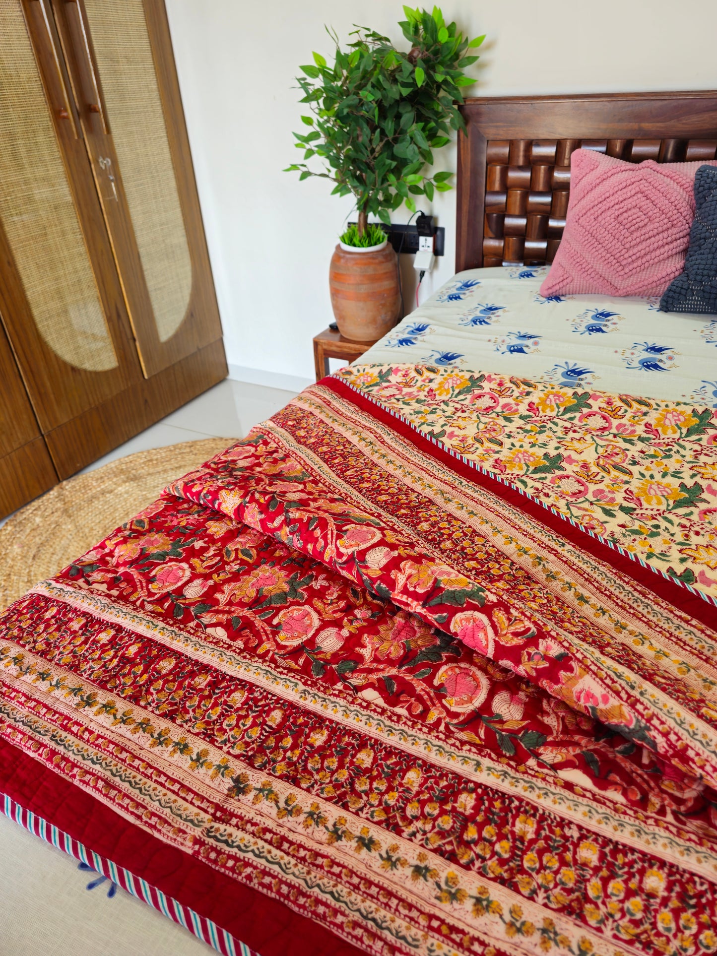 Vibrant Red & Cream Floral Quilted Bedcover| Hand Block Printed Reversible AC Quilt | 100% Cotton