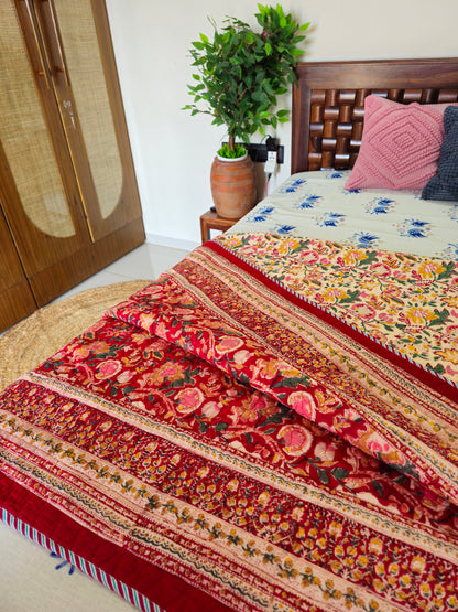 Vibrant Red & Cream Floral Quilted Bedcover| Hand Block Printed Reversible AC Quilt | 100% Cotton