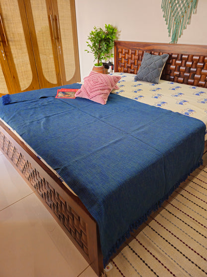 Handloom Slub Cotton Bedcover | Textured Blue Throw with Tassels | Natural Woven Cotton
