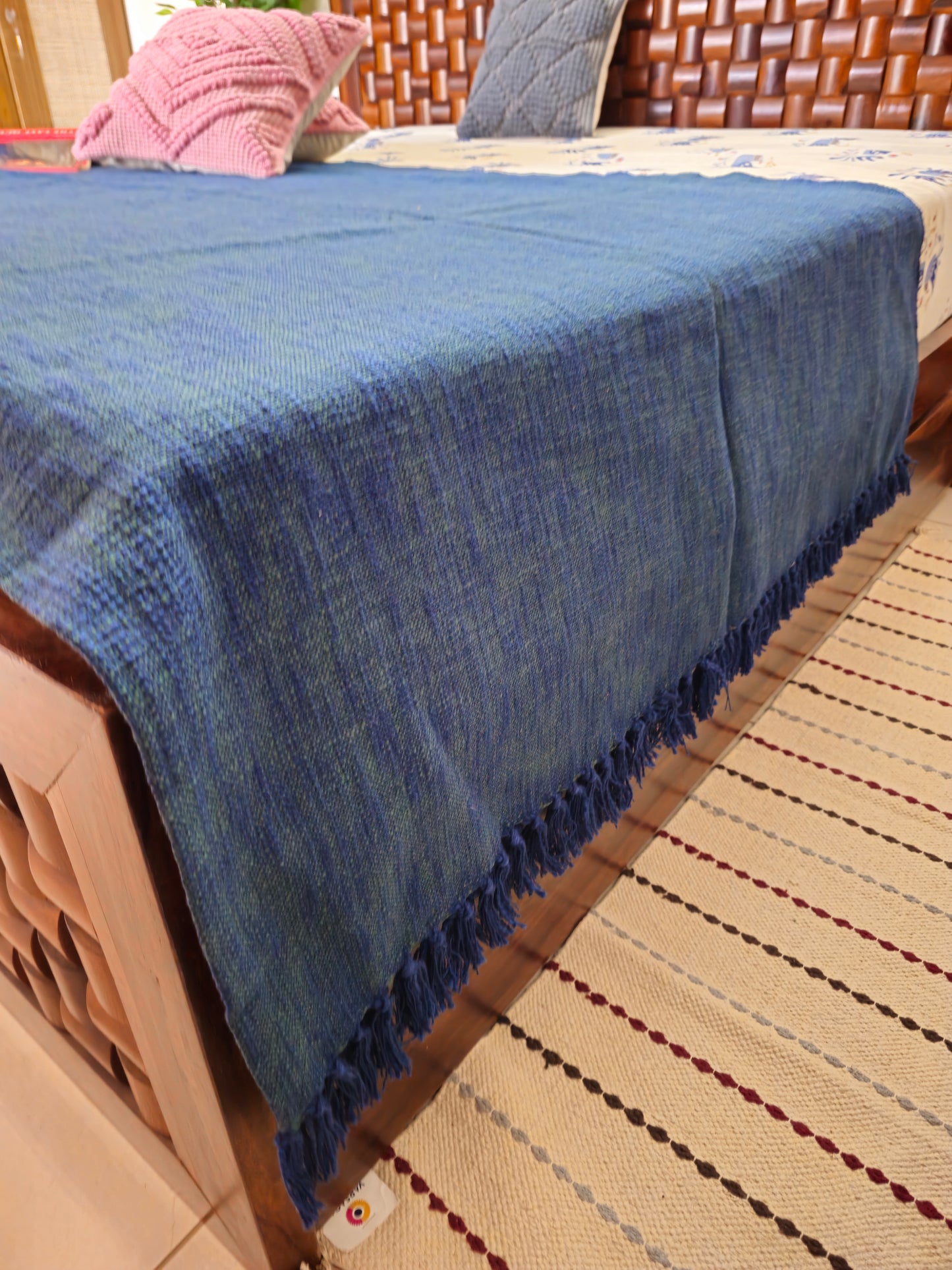 Handloom Slub Cotton Bedcover | Textured Blue Throw with Tassels | Natural Woven Cotton