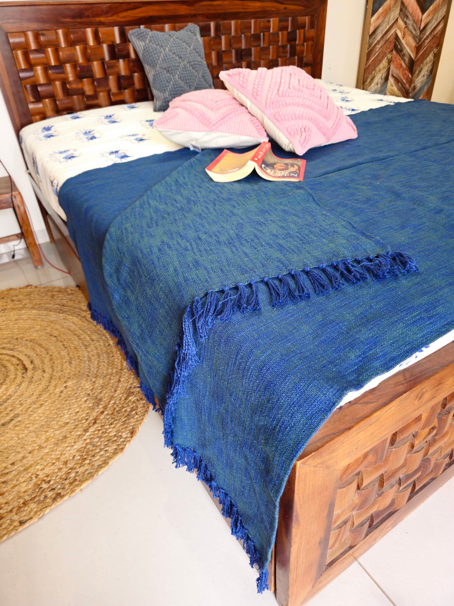 Handloom Slub Cotton Bedcover | Textured Blue Throw with Tassels | Natural Woven Cotton