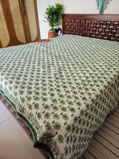 Green Palm Tree & Floral Motif | Hand Block Printed Reversible AC Quilt | 100% Cotton Bedcover